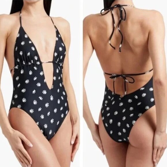 New! Vix Black White Floral Halter Cutout One Piece Swimsuit  10779 - Picture 1 of 8